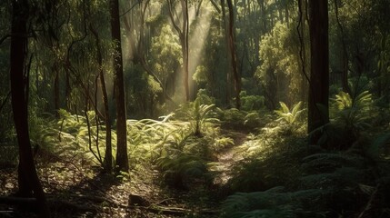Obraz premium Sunbeams Dancing Through the Forest: A mystical forest path bathed in warm sunlight, with lush ferns and towering trees creating a serene and enchanting atmosphere. 