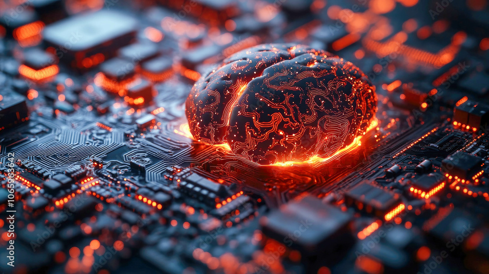 Aufkleber digital brain illuminated on a circuit board, symbolizing artificial intelligence and technological 