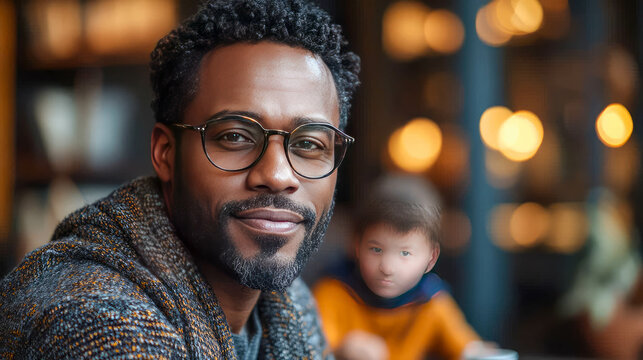 African-American man working on laptop with his daughter beside him, depicting family bonding and modern work-from-home life