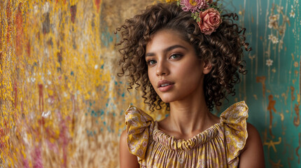 A young female model standing against a multicolored wall and wearing a yellow, floral patterned dress. She has short curly brown hair adorned with flowers.
