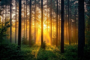 Obraz premium Breathtaking sunrise over misty forest with majestic tall trees and serene atmosphere