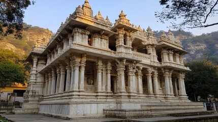 Obraz premium A captivating angle of the Ranakpur Jain Temple, highlighting its intricate marble pillars and detailed carvings, representing the essence of Jain architecture