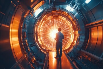 Obraz premium Physicist conducts experiments with particle accelerator in search of new subatomic particles