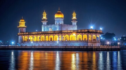 Obraz premium A captivating night view of the Haji Ali Dargah, showcasing its stunning architecture and the illuminated pathway leading to the shrine over the water