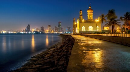 Fototapeta premium A captivating night view of the Haji Ali Dargah, showcasing its stunning architecture and the illuminated pathway leading to the shrine over the water