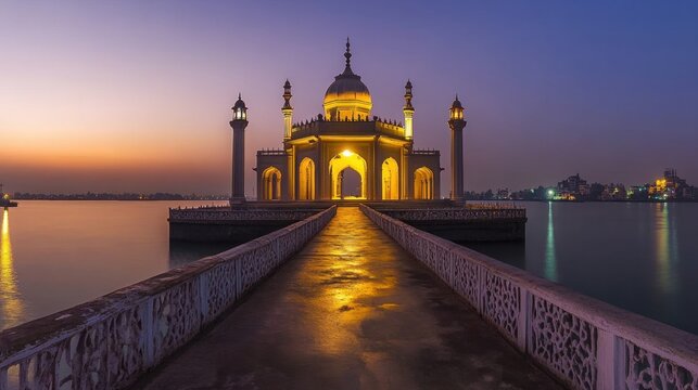 A captivating night view of the Haji Ali Dargah, showcasing its stunning architecture and the illuminated pathway leading to the shrine over the water