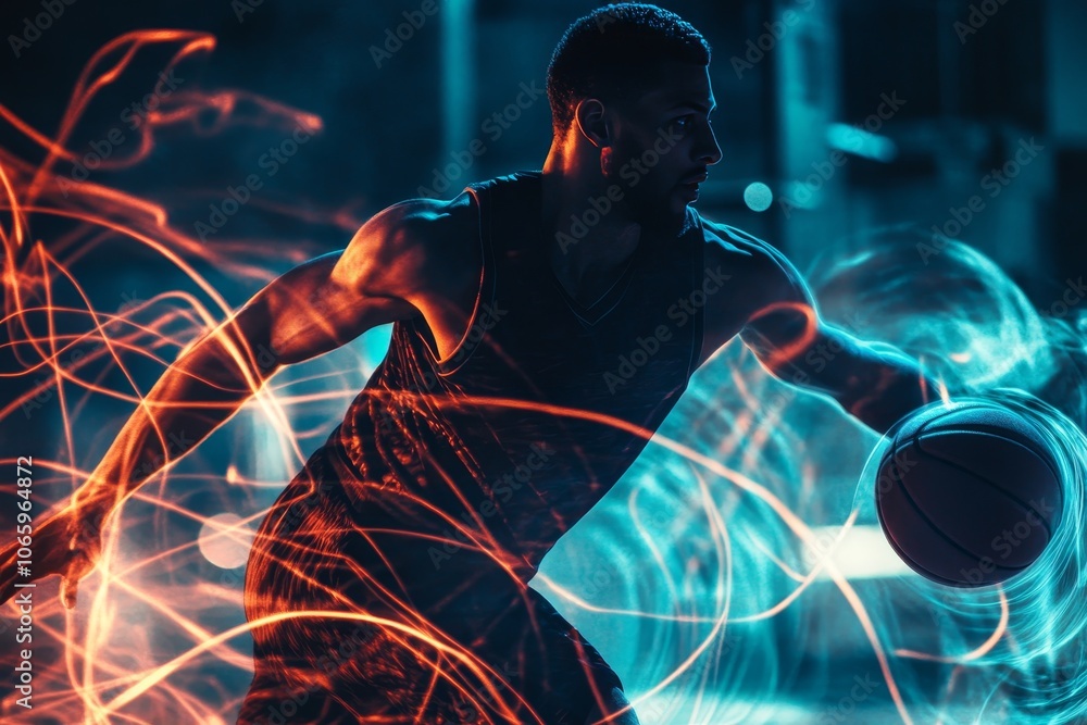 Poster dynamic basketball player surrounded by vibrant glowing abstract lines creating motion energy