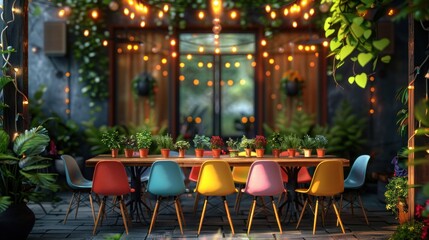 Obraz premium Cozy Outdoor Patio with Colorful Chairs and String Lights