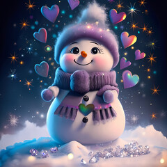 Obraz premium Amethyst purple snowman girl snowgirl wearing purle knitted scarf and furry fluffy hat amond iridescent hearts and snowflakes art