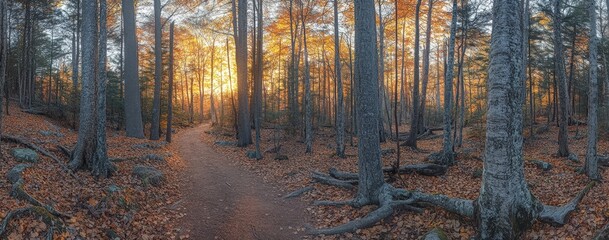 Scenic autumn forest path with vibrant foliage and sunlight