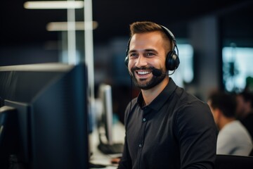 Naklejka premium Smiling young businessman with headset working in a call center