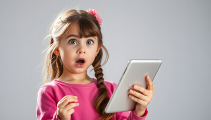 Naklejka premium Surprised girl with tablets isolated with white highlights, png