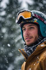 Snowboarder enjoying the snowfall with a thoughtful expression in winter landscape