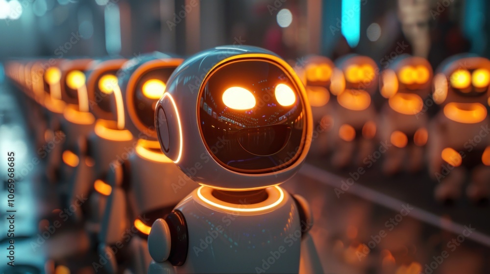 Poster smiling robots in a row