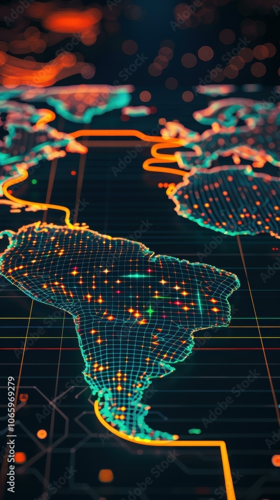 Poster a digital representation of the world with glowing lines and dots. ai.