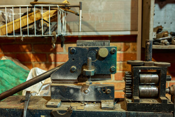 Part of the metal machine for manual processing of spare parts. Industrial design.