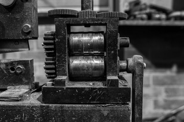 Part of the metal machine for manual processing of spare parts. Industrial design.