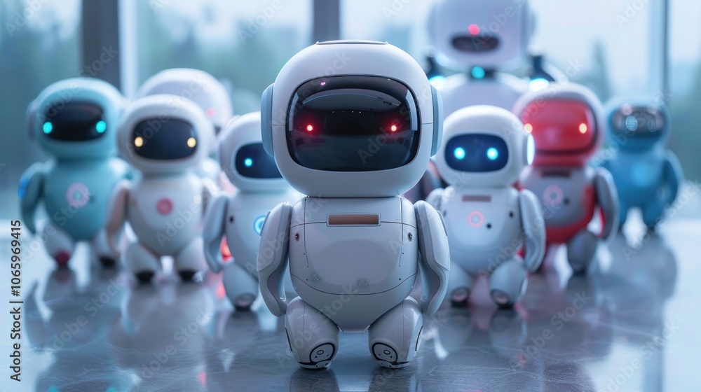 Poster a line of white robots standing in a row