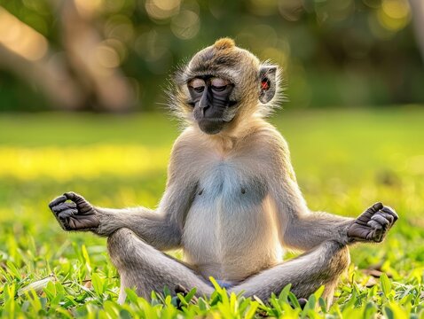 A monkey sits in a relaxed yoga pose. AI.