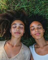 Two women lie in the grass with their eyes closed. AI.