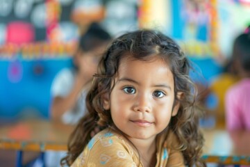 Fototapeta premium Portrait of a cute little girl in blurred classroom looking at camera