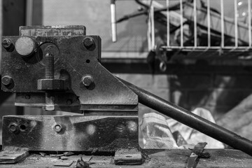 Part of the metal machine for manual processing of spare parts. Industrial design.