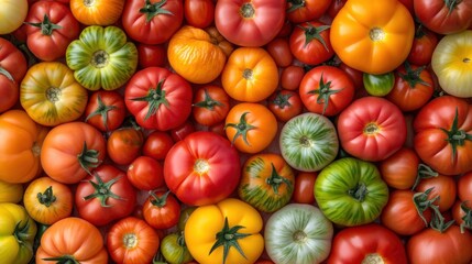 A vibrant assortment of heirloom tomatoes in various colors and shapes, AI