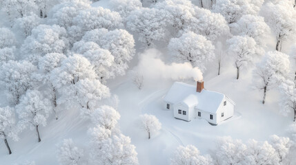 A cozy cabin nestled in a serene, snow-covered forest emits warm chimney smoke, AI