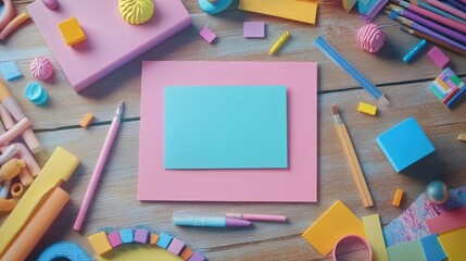 A flat lay of colorful stationery and art supplies, with a blank blue note pad in the center. The image has a playful and creative vibe.