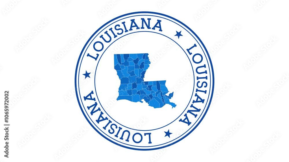 Poster louisiana intro. badge with the circular name and map of us state. louisiana round logo animation.