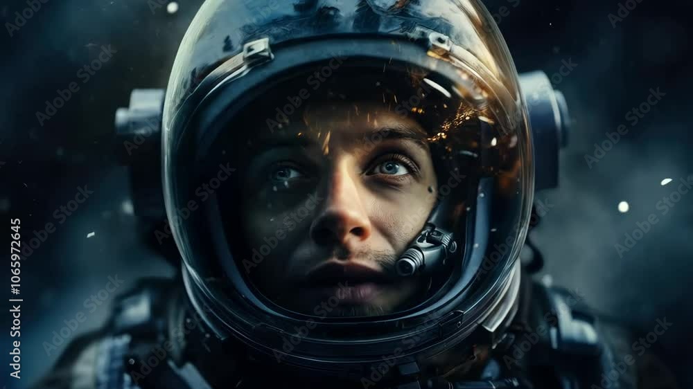 Poster astronaut floating outside a spaceship in outer space. man in protective helmet and suit. cosmos dis