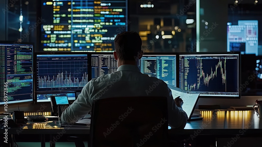 Aufkleber a businessman working late at night in a dark office with multiple monitors displaying data and char