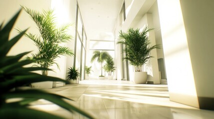 Fototapeta premium Sunlight streams through large windows in a modern, bright hallway, illuminating potted plants and a tiled floor.