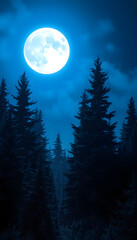 Blue moonlight through the spruce trees in dark magic mystery night forest. Halloween backdrop isolated with white highlights, png