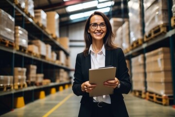 Middle aged businesswoman holding clip board in warehouse