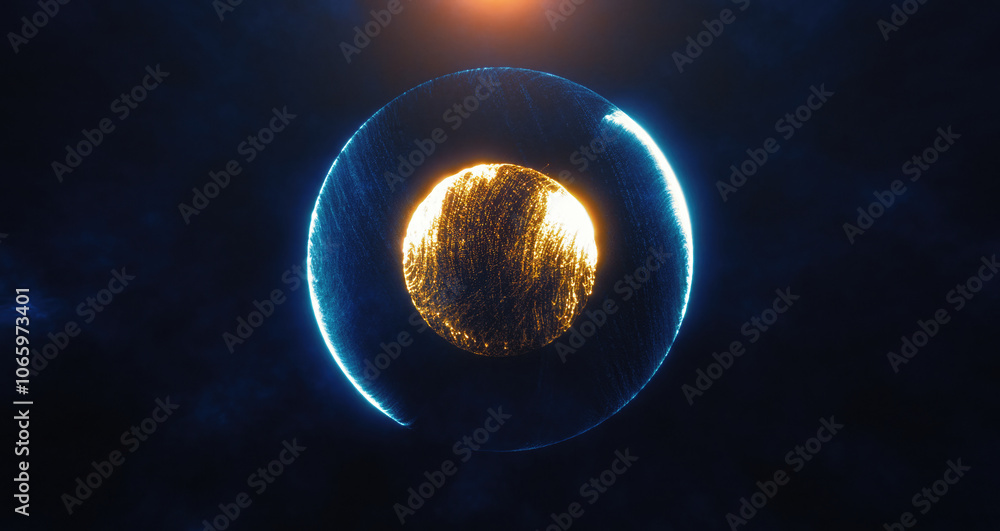 Poster glowing sphere of light particles on a dark background; symbolizing energy and technology with a dyn