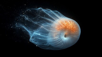 Obraz premium A translucent jellyfish with a glowing orange center, floating in a dark sea.