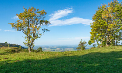 Kehlen, Germany - October 3rd 2023: Broad summit with trees in autumnal colours and a beautiful view.