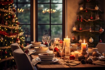 Swedish Christmas dinner tablet at festive cozy room background