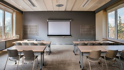 Fototapeta premium Beige and gray classroom interior with projection screen