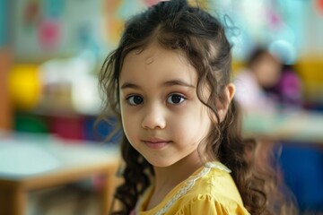Fototapeta premium Portrait of a cute little girl in blurred classroom looking at camera