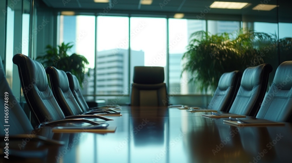Poster empty conference room with a large wooden table and leather chairs facing a window with a view of a 