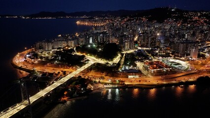 Florianopolis Skyline At Florianopolis In Santa Catarina Brazil. Illuminated City. Traffic Downtown. Cityscape Scene. Florianopolis Skyline At Florianopolis In Santa Catarina Brazil. Landmark Bridge.