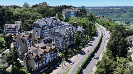 Fototapeta premium Gramado Skyline At Gramado In Rio Grande Do Sul Brazil. Metropolis Landscape. Residential Buildings. Downtown District. Gramado Skyline At Gramado In Rio Grande Do Sul Brazil. Beautiful City Skyline.