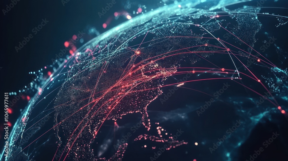 Poster digital representation of global connectivity with data flow across continents.