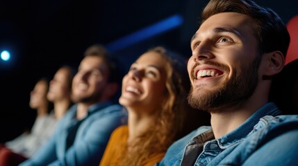 Fototapeta premium A diverse group of friends enjoys a movie at the theater, captivated by the screen, AI