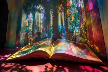 Vibrant stained glass cathedral with open book in foreground