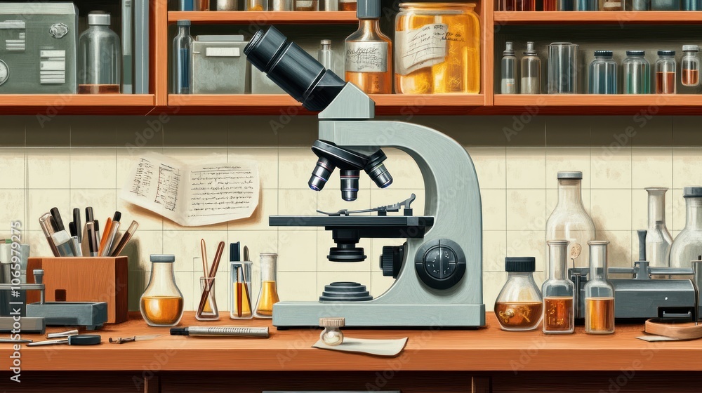 Poster a laboratory scene featuring a microscope surrounded by glassware and notes.
