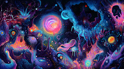 Muted shapes of neon dreamscape collide and meld creating a psychedelic canvas of mesmerizing visuals. . Dreamscape. Illustration