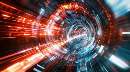 Obraz premium A dynamic, abstract representation of a futuristic tunnel with vibrant light streaks.